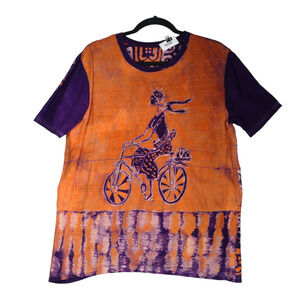 Livergy Tee Women Large Purple Batik Tie Dye Woman Riding Bike 100%Cotton Boho